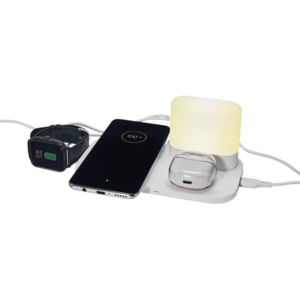 CRG050, CARGADOR CON LÁMPARA LAMPPU. Cargador inalámbrico para smartphone y earbuds. Incluye LÁMPARA con 3 diferentes intensidades. Salida USB para conectar otro dispositivo como por ejemplo un smartwatch.