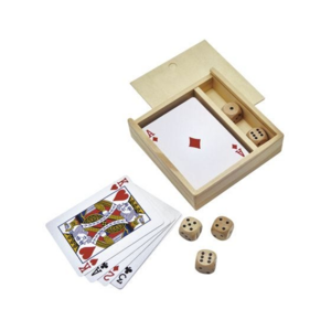 JM090, Set de juego que incluye una baraja, 5 dados y estuche de madera.
