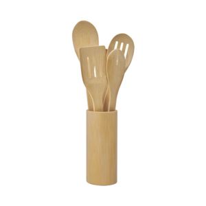 KTC047, SET DE UTENSILIOS QUINOA. Set de bambú que incluye una base y 4 utensilios de cocina: cuchara, cuchara para ensalada, pala y pinzas.