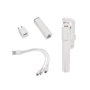 SET066, SET HIGH PRO. Incluye selfie stick inalámbrico con bluetooth, batería auxiliar de 2,200 mAh, cargador de pared, cable cargador USB 3-en-1 (micro USB, tipo C y Lightning) y estuche.