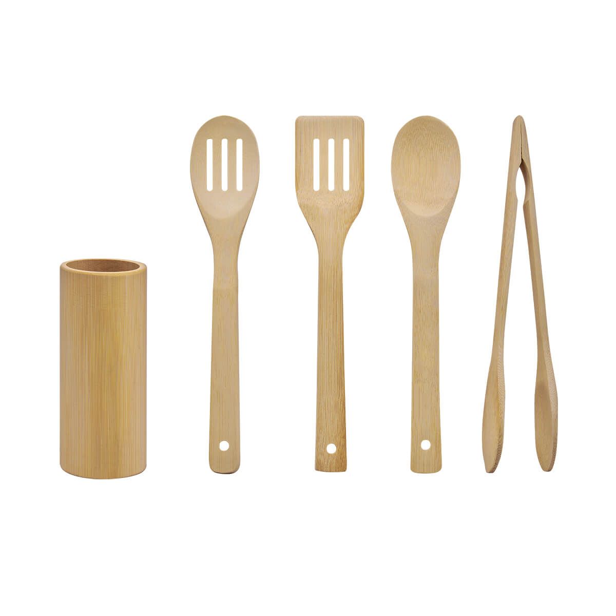 KTC047, SET DE UTENSILIOS QUINOA. Set de bambú que incluye una base y 4 utensilios de cocina: cuchara, cuchara para ensalada, pala y pinzas.