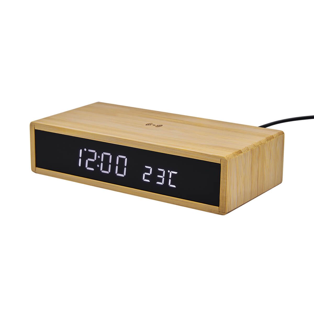 MK401, Reloj digital con carga inalámbrica de 10W. Display indicador de hora y temperatura. Tres modos de display para elegir y 4 niveles diferentes de brillo. Función de alarma. Carga por medio de cable tipo C incluido (1m de largo).