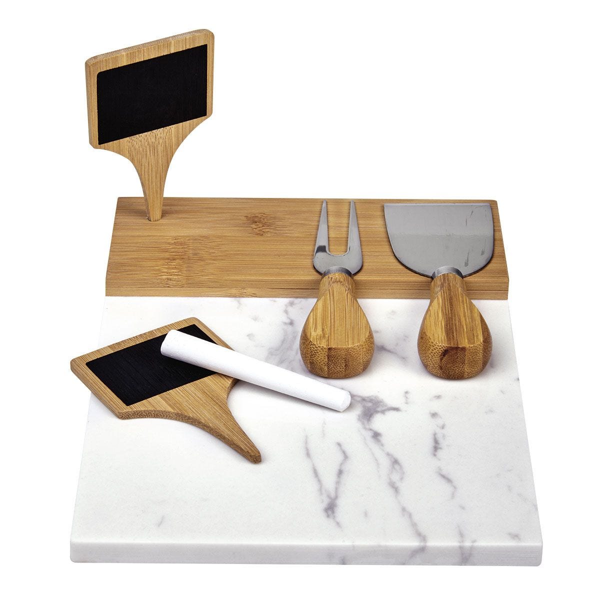 PWT210, Tabla de mármol con bambú. Incluye cuchillo y tenedor para quesos, dos banderines para escribir y un gis en color blanco,